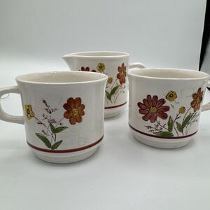Lunastone Korea 1527 Fiesta Tea Cups Creamer Hand Painted Forest Flowers Lot 3